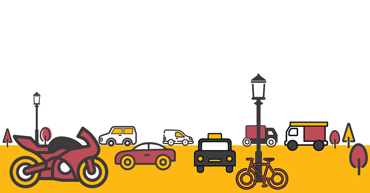 A simple line-drawn scene, in the Here4 Insurance brand colours of yellow and red, depicting a road with a number of different vehicles on it including cars, vans, trucks, motorhomes, taxis, motorbikes and bicycles. The scene represents some of the types of UK Vehicle and Driver Insurance available in the On the Road category on the Here4 Insurance website.